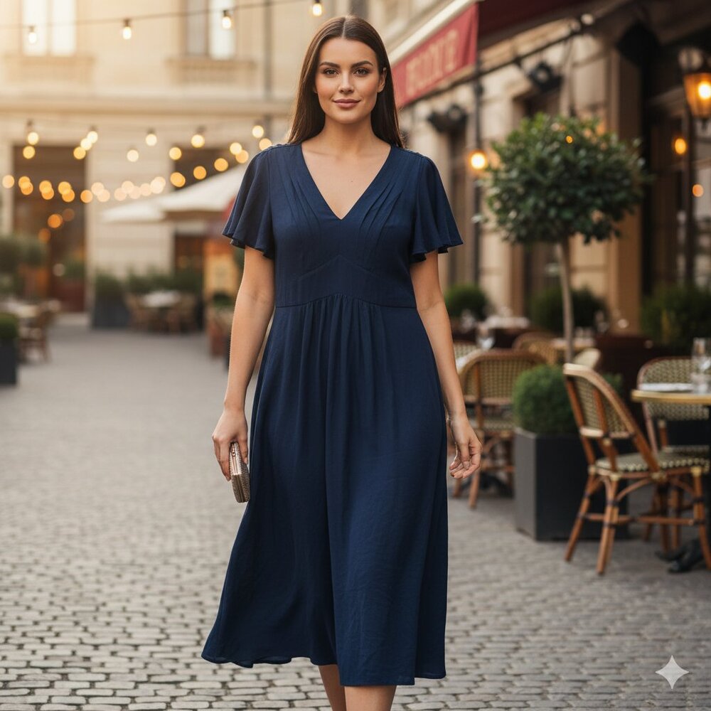 NWOT Wayward Fancies eShakti Navy Blue Cotton Midi V Neck Dress, Size 1X / 16W